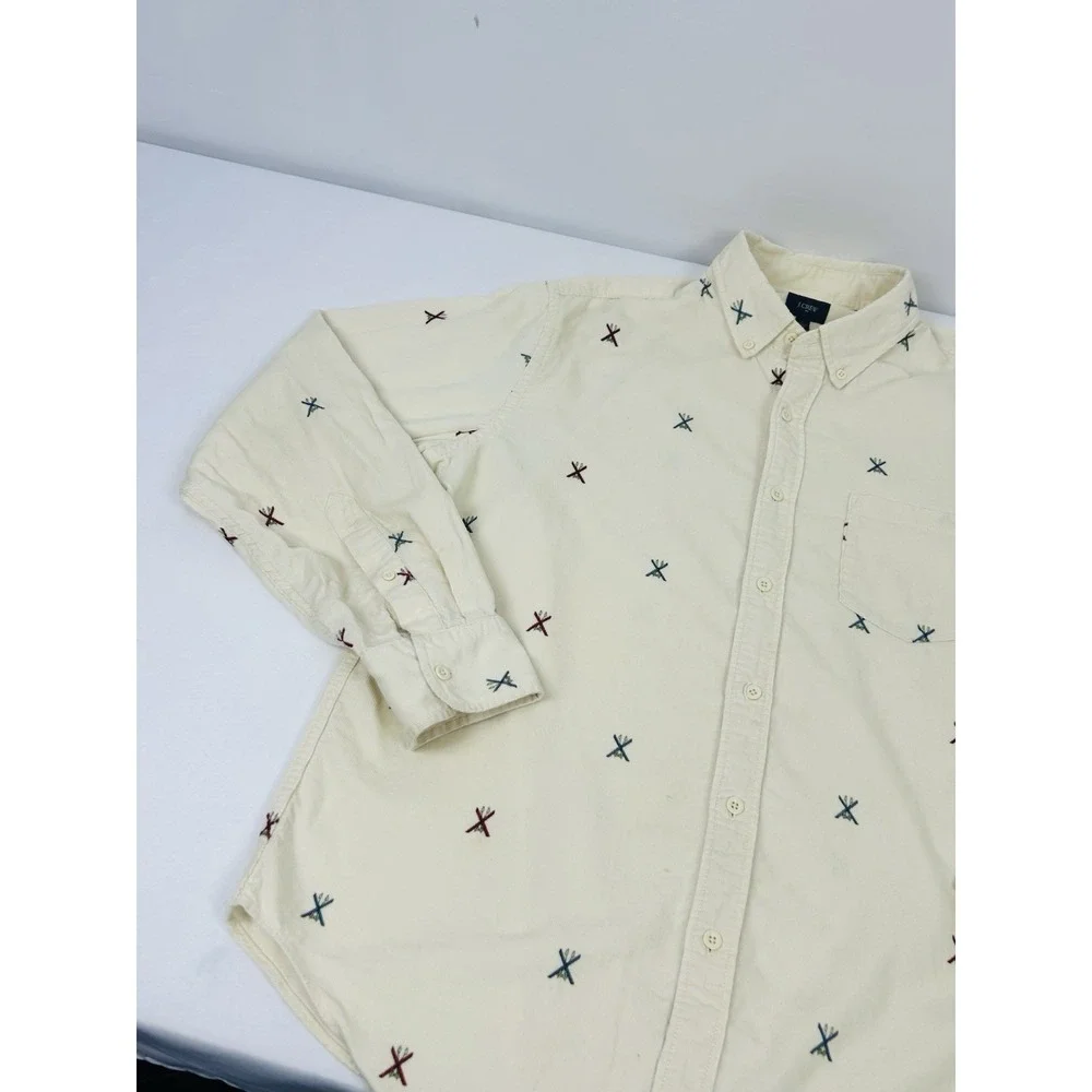 J. Crew Corduroy Shirt Mens Large Ivory Embroidered Ski Print Long Sleeve